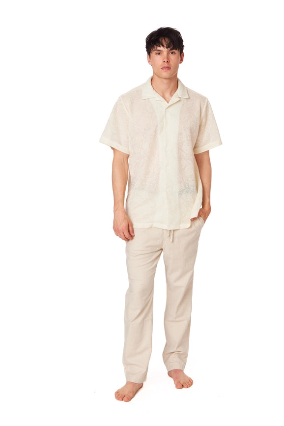 Crochet/Textured Short Sleeve Men's Shirt CREAM-Shirt-Hawk's Bay-S-Urbanheer