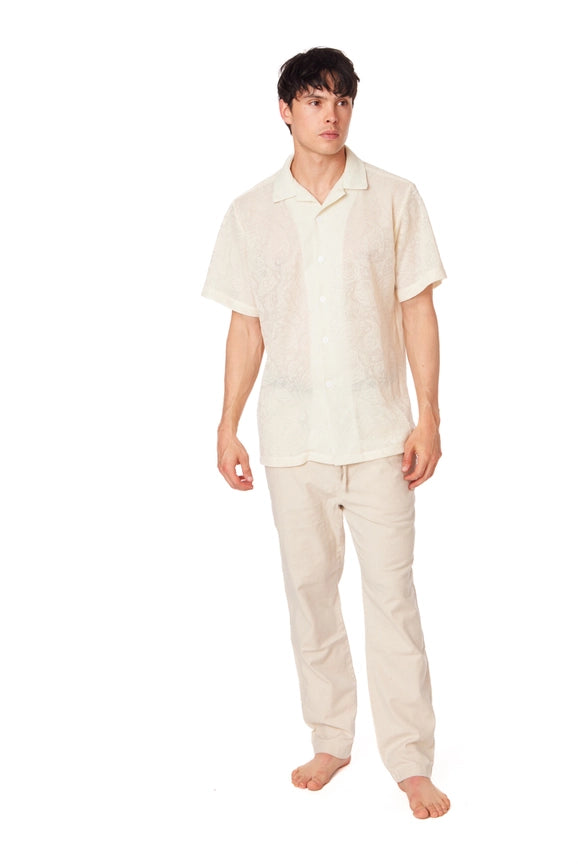 Crochet/Textured Short Sleeve Men's Shirt CREAM-Shirt-Hawk's Bay-S-Urbanheer