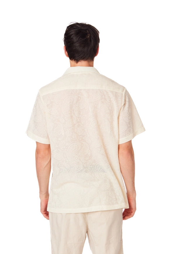 Crochet/Textured Short Sleeve Men's Shirt CREAM-Shirt-Hawk's Bay-S-Urbanheer