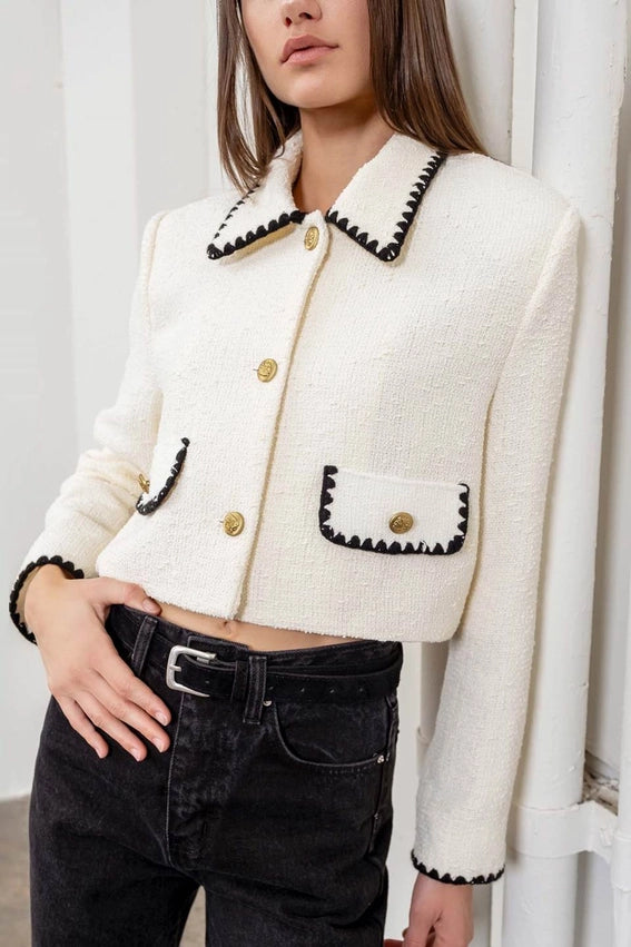 Crontrast Trim Button Down Cropped Blazer-Blazer-Moon River-XS-IVORY-Urbanheer