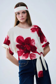 Cropped Beige Blouse with Tropical Floral Print in Red Tied At the Waist-Blouse-Q2-L-RED-Urbanheer