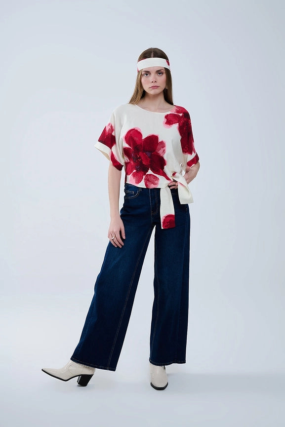 Cropped Beige Blouse with Tropical Floral Print in Red Tied At the Waist-Blouse-Q2-L-RED-Urbanheer