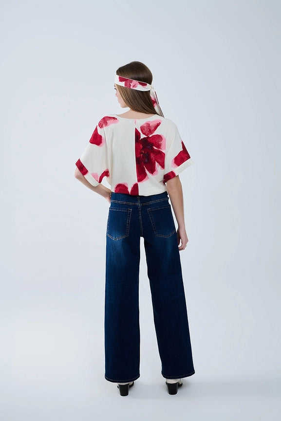 Cropped Beige Blouse with Tropical Floral Print in Red Tied At the Waist-Blouse-Q2-L-RED-Urbanheer