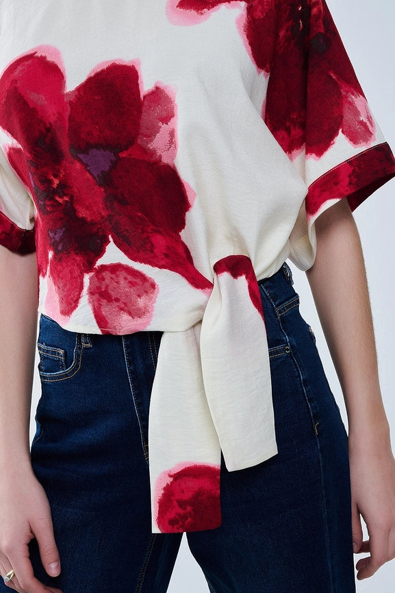Cropped Beige Blouse with Tropical Floral Print in Red Tied At the Waist-Blouse-Q2-L-RED-Urbanheer