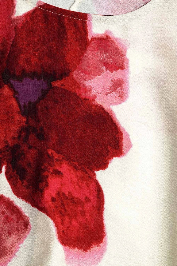 Cropped Beige Blouse with Tropical Floral Print in Red Tied At the Waist-Blouse-Q2-L-RED-Urbanheer