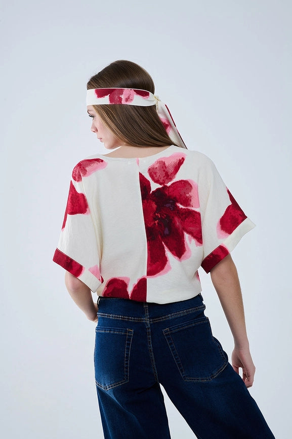 Cropped Beige Blouse with Tropical Floral Print in Red Tied At the Waist-Blouse-Q2-L-RED-Urbanheer