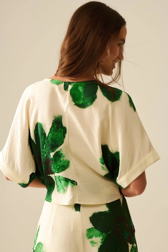 Cropped Blouse with Floral Print in Green Tied At the Waist-Blouse-Q2-L-GREEN-Urbanheer