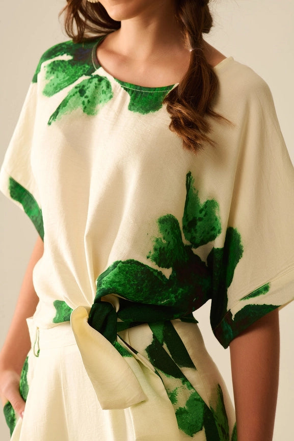 Cropped Blouse with Floral Print in Green Tied At the Waist-Blouse-Q2-L-GREEN-Urbanheer