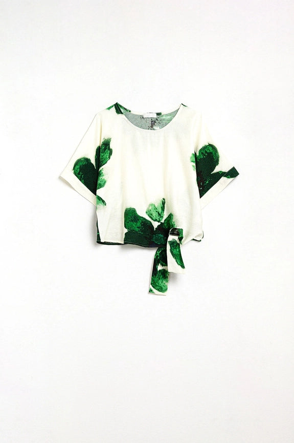 Cropped Blouse with Floral Print in Green Tied At the Waist-Blouse-Q2-L-GREEN-Urbanheer