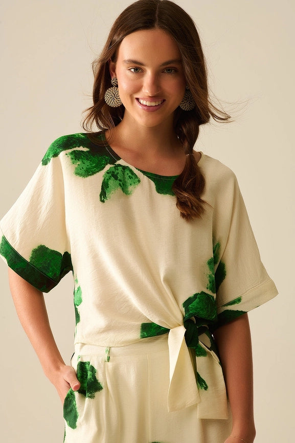 Cropped Blouse with Floral Print in Green Tied At the Waist-Blouse-Q2-L-GREEN-Urbanheer