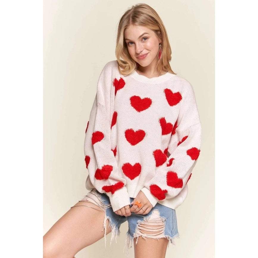 Cropped Button Down Sweater Cardigan Boho Floral Heart Patte WHITE/RED-Sweater-Blue Bunny Inc-S-Urbanheer