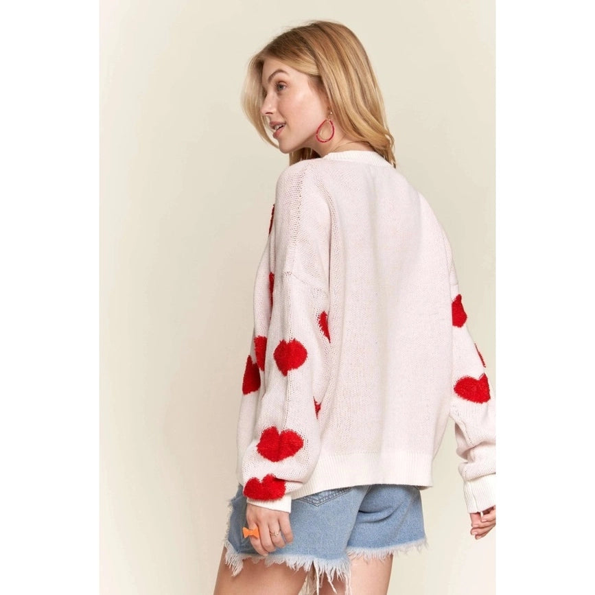 Cropped Button Down Sweater Cardigan Boho Floral Heart Patte WHITE/RED-Sweater-Blue Bunny Inc-S-Urbanheer