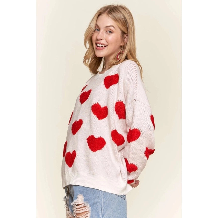 Cropped Button Down Sweater Cardigan Boho Floral Heart Patte WHITE/RED-Sweater-Blue Bunny Inc-S-Urbanheer