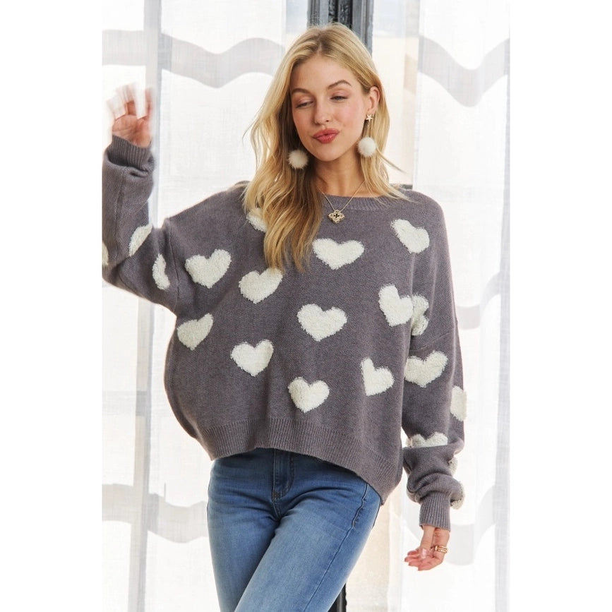 Cropped Button Down Sweater Cardigan Boho Floral Heart Patte grey/white-Sweater-Blue Bunny Inc-S-Urbanheer