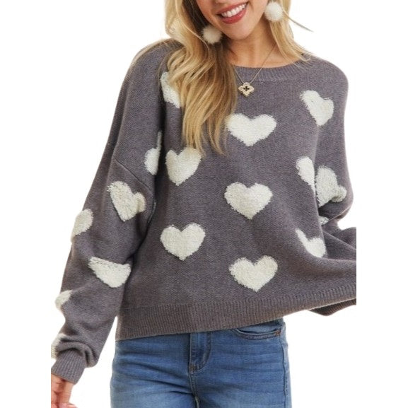 Cropped Button Down Sweater Cardigan Boho Floral Heart Patte grey/white-Sweater-Blue Bunny Inc-S-Urbanheer