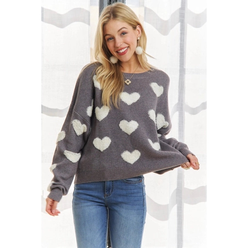 Cropped Button Down Sweater Cardigan Boho Floral Heart Patte grey/white-Sweater-Blue Bunny Inc-S-Urbanheer