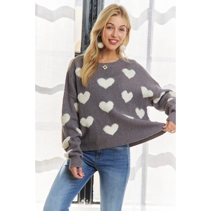 Cropped Button Down Sweater Cardigan Boho Floral Heart Patte grey/white-Sweater-Blue Bunny Inc-S-Urbanheer