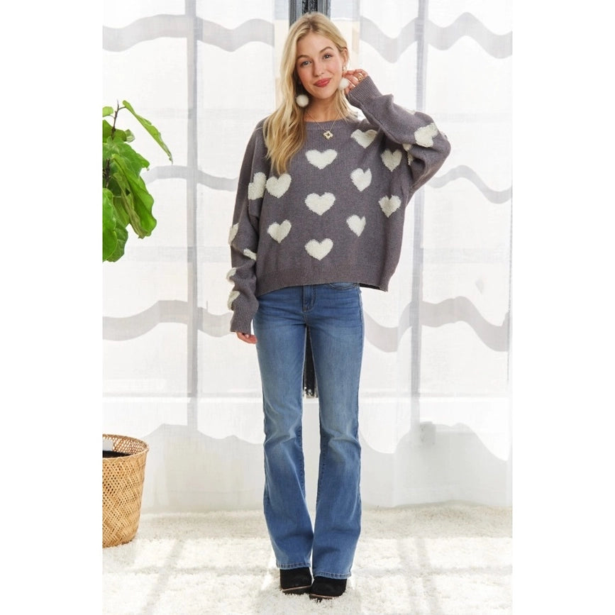 Cropped Button Down Sweater Cardigan Boho Floral Heart Patte grey/white-Sweater-Blue Bunny Inc-S-Urbanheer