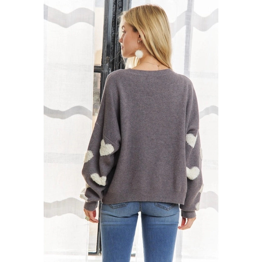 Cropped Button Down Sweater Cardigan Boho Floral Heart Patte grey/white-Sweater-Blue Bunny Inc-S-Urbanheer