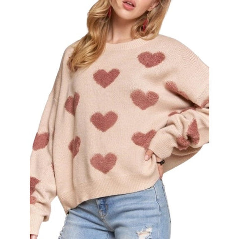 Cropped Button Down Sweater Cardigan Boho Floral Heart Patte khaki/mauve-Sweater-Blue Bunny Inc-S-Urbanheer