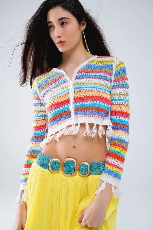 Cropped Crochet Cardigan in Multicolor Stripe-Cardigan-Q2-OS-Green-Urbanheer