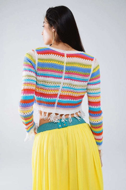 Cropped Crochet Cardigan in Multicolor Stripe-Cardigan-Q2-OS-Green-Urbanheer