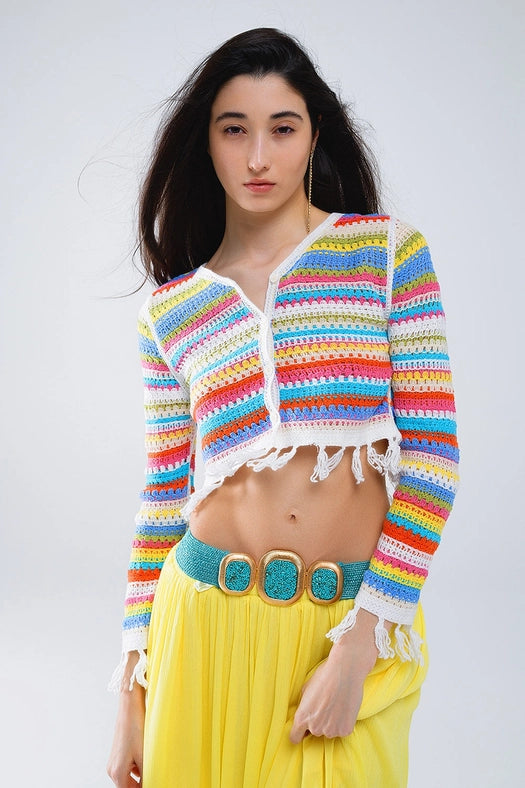 Cropped Crochet Cardigan in Multicolor Stripe-Cardigan-Q2-OS-Green-Urbanheer
