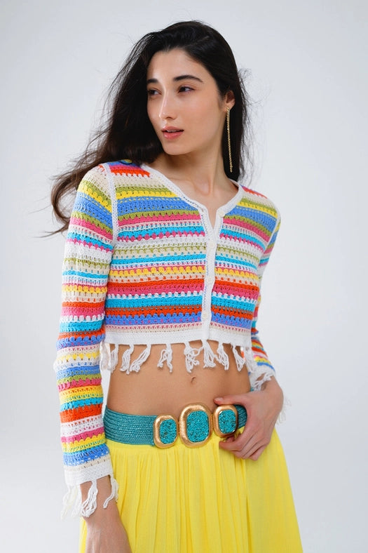Cropped Crochet Cardigan in Multicolor Stripe-Cardigan-Q2-OS-Green-Urbanheer