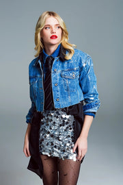 Cropped Denim Jacket with Raw Hem in Mid Wash with Metallic-Jacket-Q2-S-Silver-Urbanheer