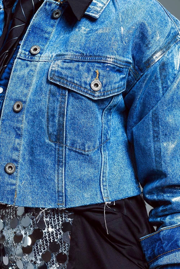 Cropped Denim Jacket with Raw Hem in Mid Wash with Metallic-Jacket-Q2-S-Silver-Urbanheer