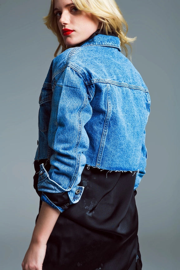 Cropped Denim Jacket with Raw Hem in Mid Wash with Metallic-Jacket-Q2-S-Silver-Urbanheer