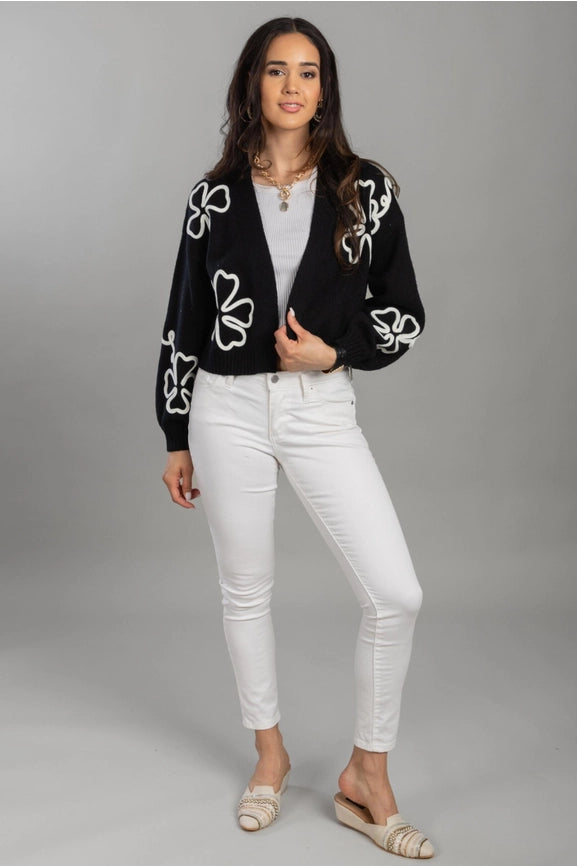 Cropped Floral Cardigan Squiggle BLACK-Cardigan-SAACHI-BLACK-Urbanheer