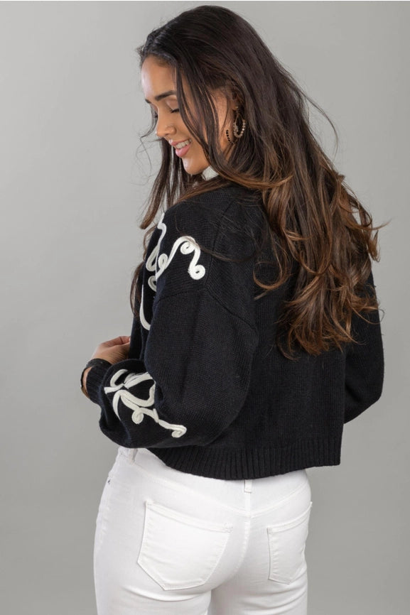 Cropped Floral Cardigan Squiggle BLACK-Cardigan-SAACHI-BLACK-Urbanheer