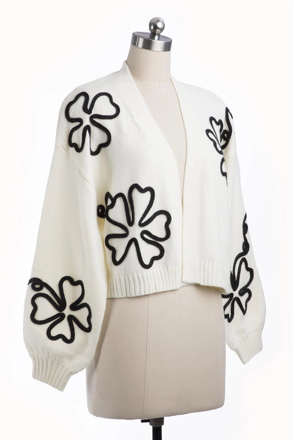 Cropped Floral Cardigan Squiggle White-Cardigan-SAACHI-White-Urbanheer
