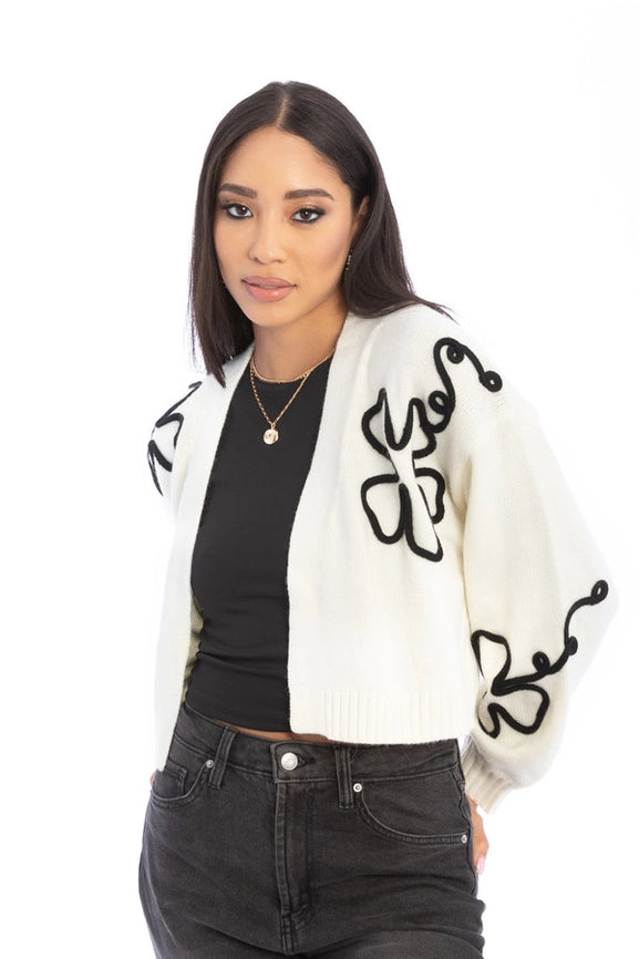 Cropped Floral Cardigan Squiggle White-Cardigan-SAACHI-White-Urbanheer