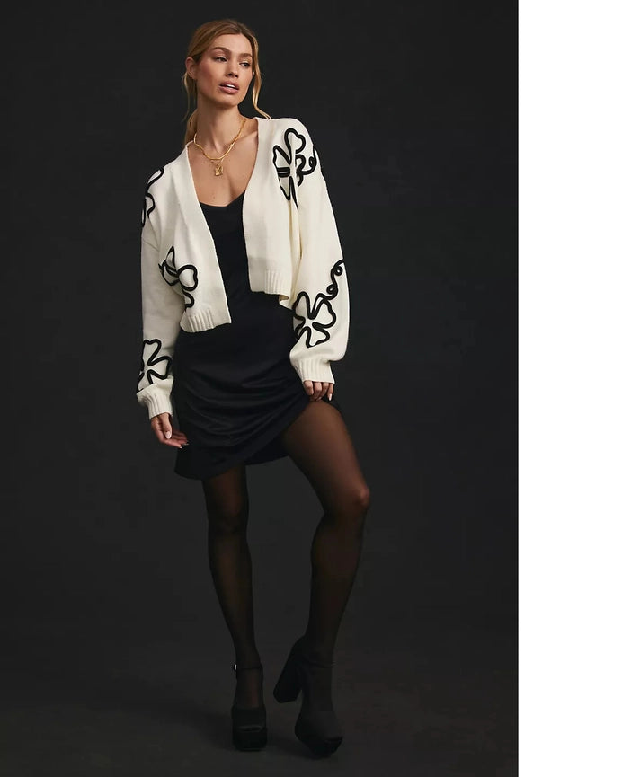 Cropped Floral Cardigan Squiggle White-Cardigan-SAACHI-White-Urbanheer