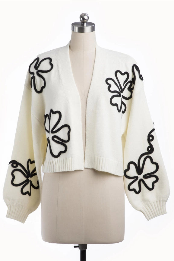 Cropped Floral Cardigan Squiggle White-Cardigan-SAACHI-White-Urbanheer