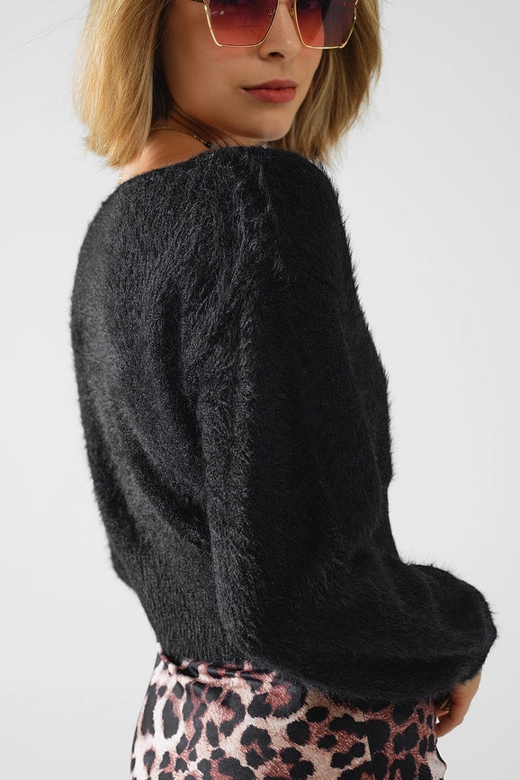 Cropped Fluffy Sweater in Black Fitted At the Waist-Sweaters-Q2-OS-Black-Urbanheer