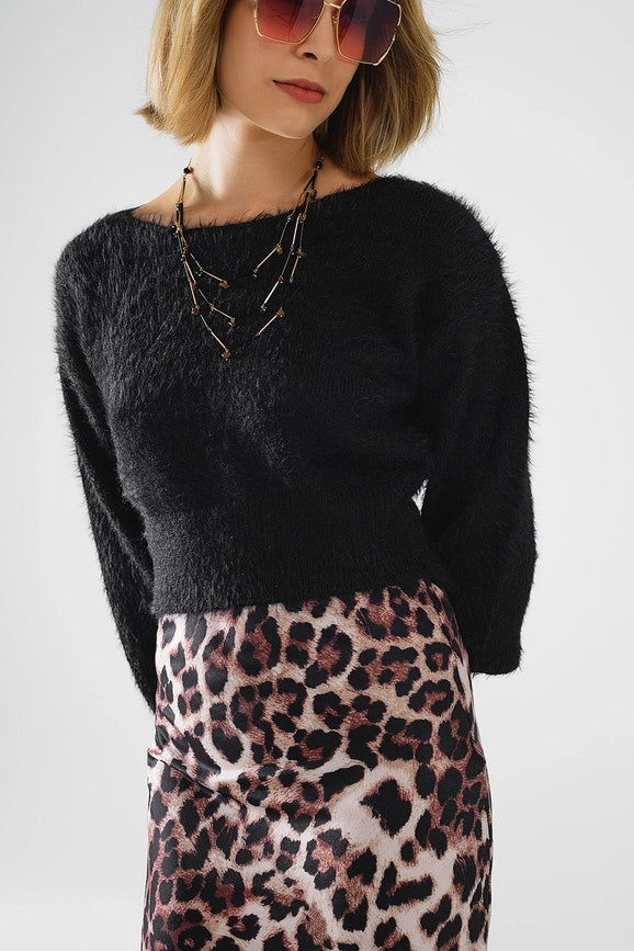 Cropped Fluffy Sweater in Black Fitted At the Waist-Sweaters-Q2-OS-Black-Urbanheer