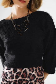 Cropped Fluffy Sweater in Black Fitted At the Waist-Sweaters-Q2-OS-Black-Urbanheer