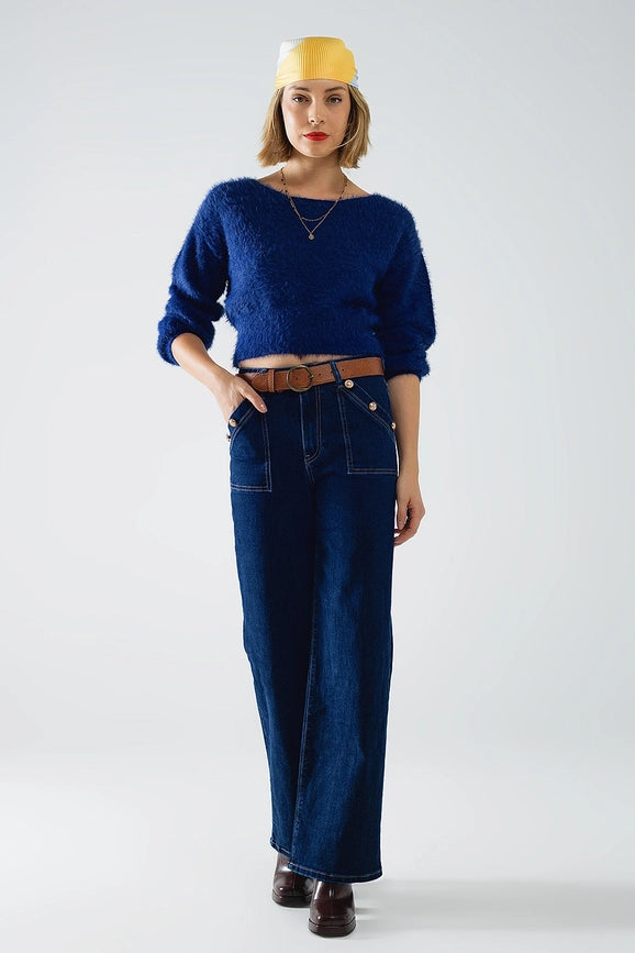 Cropped Fluffy Sweater in Navy Blue Fitted At the Waist-Sweater-Q2-One Size-Blue-Urbanheer
