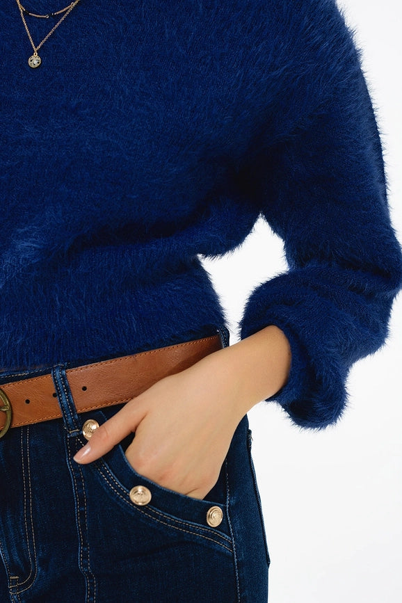 Cropped Fluffy Sweater in Navy Blue Fitted At the Waist-Sweater-Q2-One Size-Blue-Urbanheer