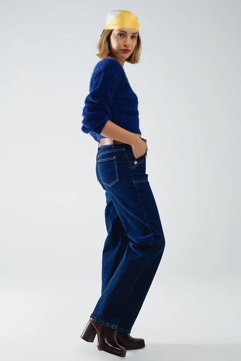 Cropped Fluffy Sweater in Navy Blue Fitted At the Waist-Sweater-Q2-One Size-Blue-Urbanheer