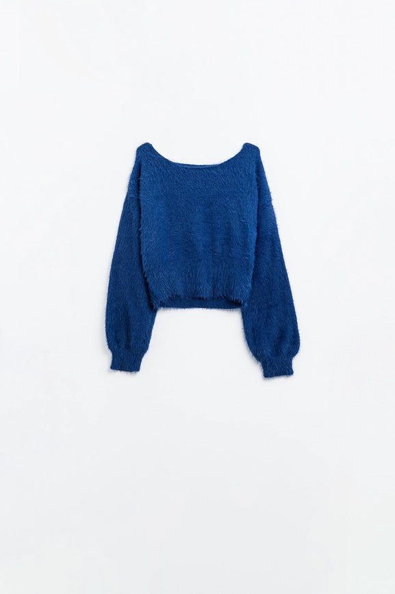 Cropped Fluffy Sweater in Navy Blue Fitted At the Waist-Sweater-Q2-One Size-Blue-Urbanheer