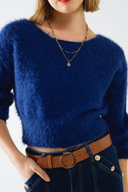 Cropped Fluffy Sweater in Navy Blue Fitted At the Waist-Sweater-Q2-One Size-Blue-Urbanheer