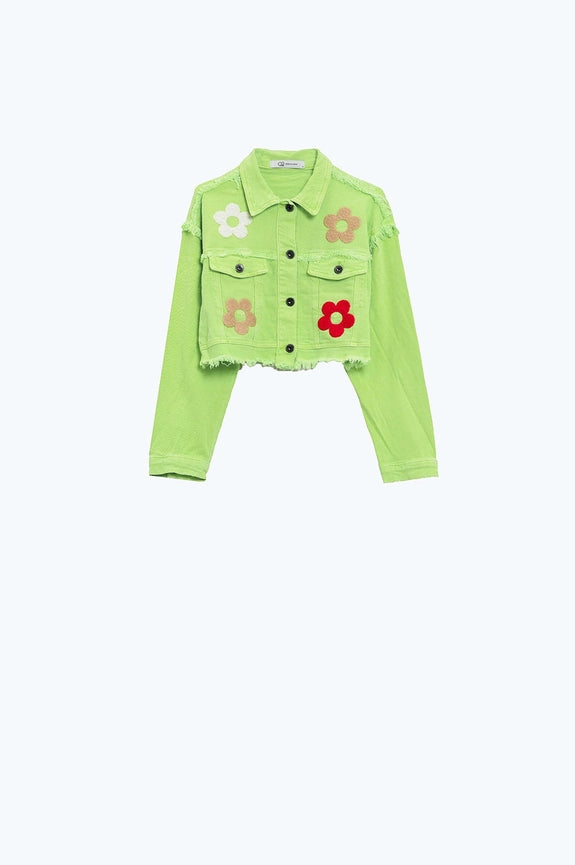 Cropped Jacket with Chest Pockets and Flower Details in Green-Jacket-Q2-M-Green-Urbanheer