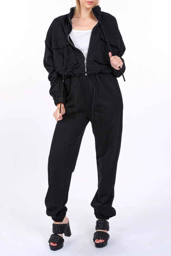 Cropped Utility Jacket and Joggers Set-Set-Beulah Style-S-Black-Urbanheer