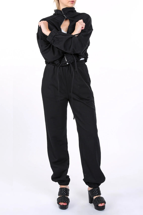 Cropped Utility Jacket and Joggers Set-Set-Beulah Style-S-Black-Urbanheer