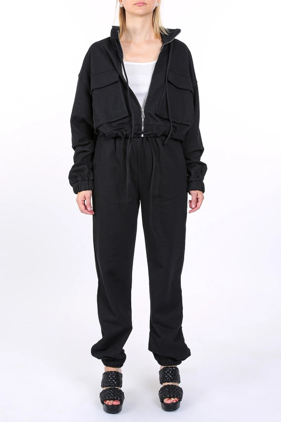 Cropped Utility Jacket and Joggers Set-Set-Beulah Style-S-Black-Urbanheer