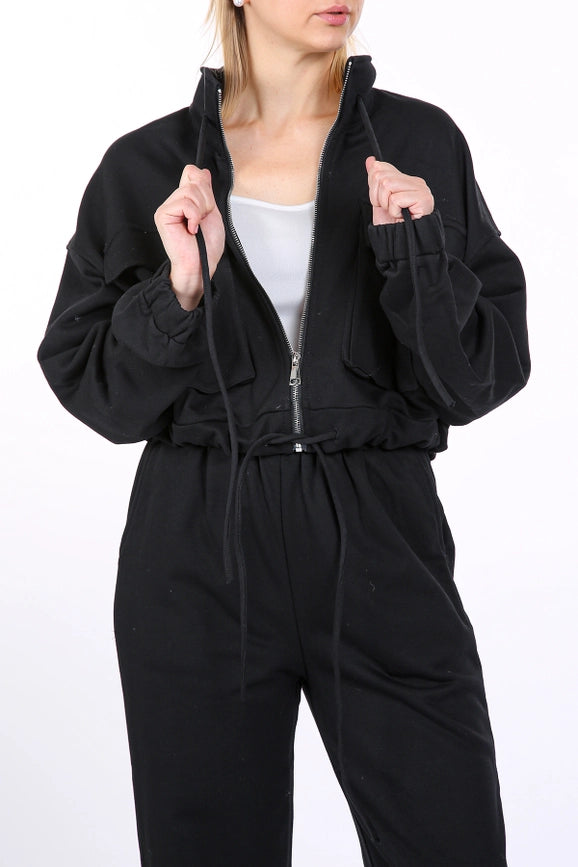 Cropped Utility Jacket and Joggers Set-Set-Beulah Style-S-Black-Urbanheer
